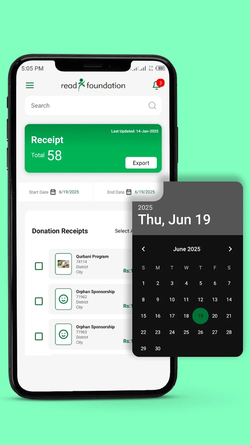 READ Connect Donation Receipts screen