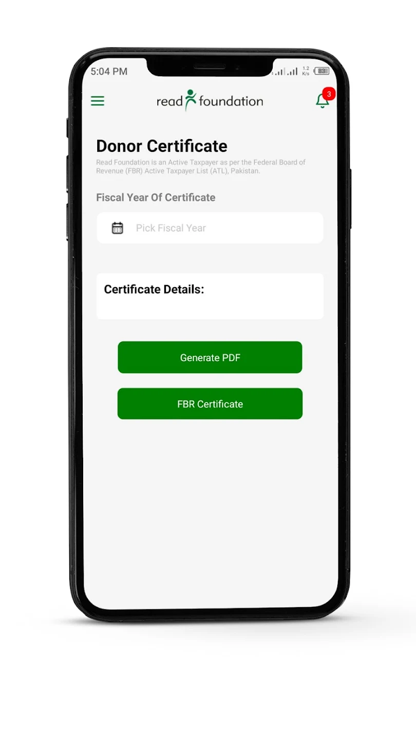 READ Connect Donor Certificate screen